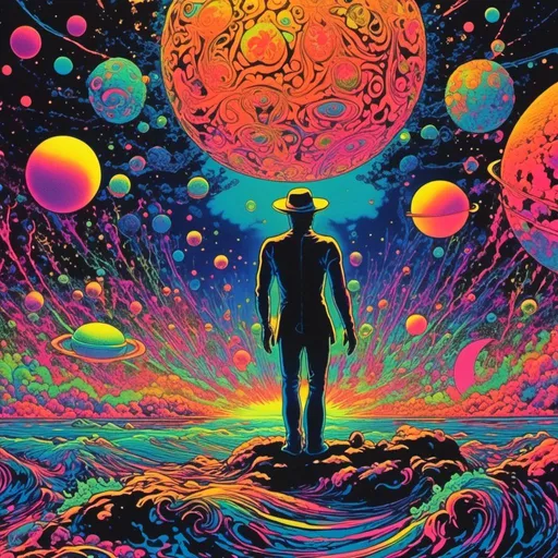 Prompt: <mymodel>Vintage 70s black light poster art illustration, man hallucinating in water, sea, ocean, aquatic theme, psychedelic geometrical figures , planets, moons, stars, fractals, vibrant colors, intense black light effects, detailed psychedelic man, cosmic atmosphere, high quality, psychedelic, vintage, space, vibrant colors, fractal details, hallucination, sea illustration, retro art style, cosmic lighting