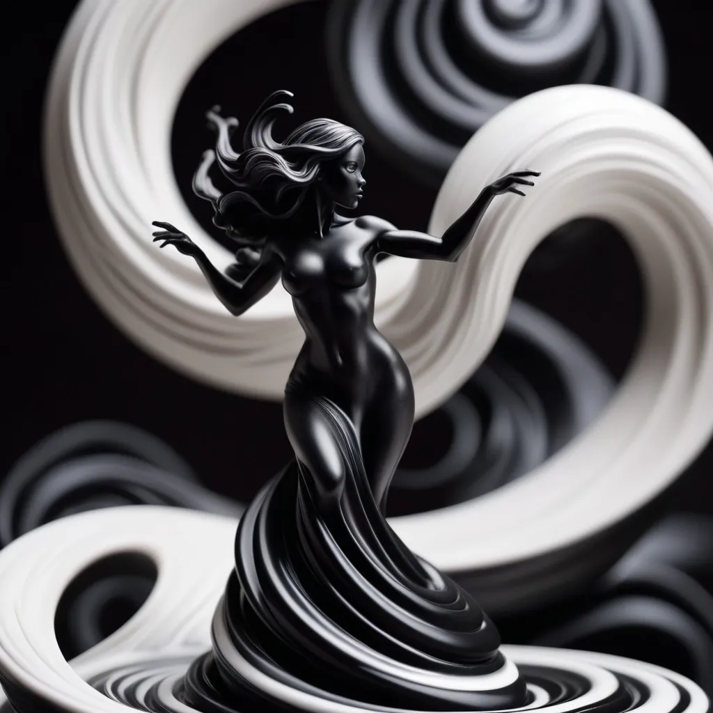 Prompt: vanta black figurine swirling into existence, captured in a macro photography style with extreme close-up detail and sharp focus on the figurine, set against a surreal background that seems to swirl around the figurine, in wide ratio