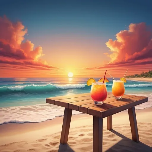 Prompt: Sunset beach landscape, calm ocean waves, sandy shore, A table on beach with summer drinks, vibrant sunset colors, high quality, realistic, cool tones, serene lighting
