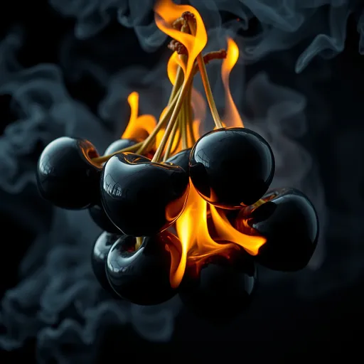 Prompt: a bunch of Black cherries made of glass,  on fire,  infused into a background of smoke, dynamic pose, fluid shapes, cinematic, dramatic, surreal, aspirational