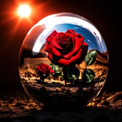 Prompt: a desolent dessert encased in a glass orb, vivid colorful glass red rose in front focus,  high fantasy, ambient lighting

