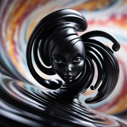 Prompt: vanta black figurine swirling into existence, captured in a macro photography style with extreme close-up detail and sharp focus on the figurine, set against a surreal background that seems to swirl around the figurine, in wide ratio