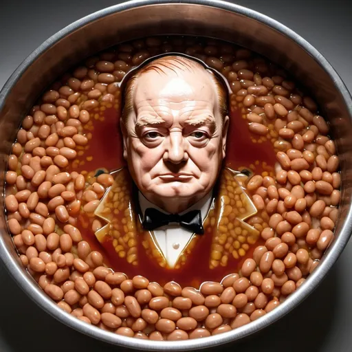 Prompt: Winston Churchill submerged in a massive bowl of baked beans