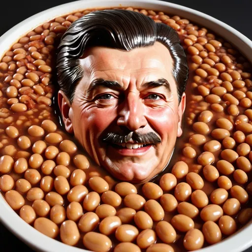 Prompt: Joseph Stalin submerged in a massive bowl of baked Beans. Give him a greedy, massive smile.