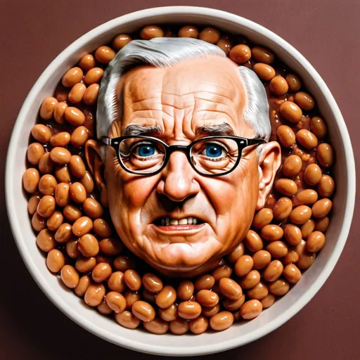 Prompt: Harry S. Truman subemerged in a massive bowl of baked beans with an angry expression