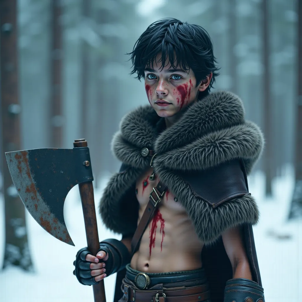 Prompt: @7nR06pRsgDR3tDEHNrag"A 13-year-old Falseborn boy stands in a snow-covered Nordic forest at dawn, clad in intricately detailed, weathered armor with Nordic patterns. Holding a rugged battle axe with a slightly smaller head over his shoulder, he turns his head slightly to the left, eyes wide with alertness, reacting to a distant sound. His breath is visible in the cold air. The soft, diffused morning light filters through the towering pine trees, casting long shadows. Photorealistic, ultra-detailed, 4K resolution, Skyrim-inspired."​