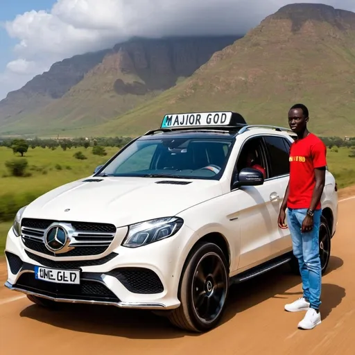 Prompt: a mercedes gle with a young african driving and the number plate of the car to read .,MAJOR. and on the top of the windcreen write GOD DID IT 