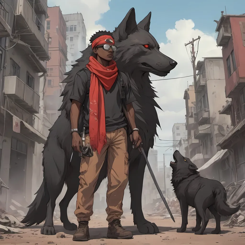 Prompt: 2d studio Ghibli anime style, African American Man, standing next to a large black wolf, wears a red bandanna around neck, brown pants, googles on head, holding a sword, wears a black shirt, electric shock around body, destroyed city anime scene