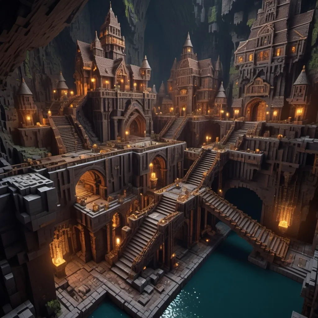 Prompt: Dwarven Metropolis, outside panoramic view, voxel art style, high bridges, Minecraft world, labyrinth-like complex staircases, intricate details, dwarven architectural designs, cold lighting contrasts, dark cave lighting, 4K resolution, high definition, deep brown color palette, immersive ambiance. 