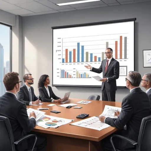 Prompt: Drawing of a CFO presenting financial projections to board of directors