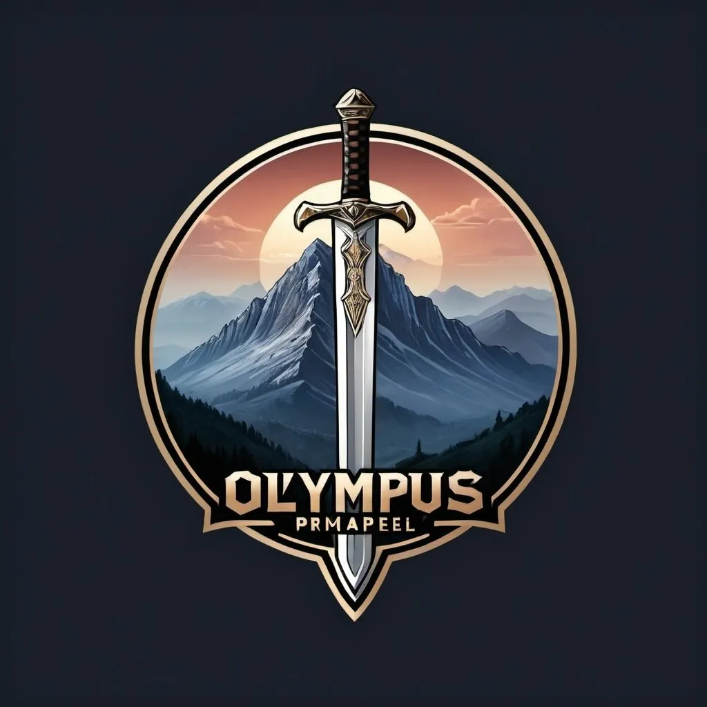 Prompt: Logo for Olympus Prime apparel company, mountain landscape with sword through the peak, Aries logo on the hilt, detailed design, high quality, realistic, majestic color tones, epic lighting, emblematic logo, professional, impactful