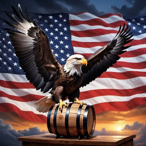 Prompt: Donald Trump on an Eagle holding a whiskey barrel in front of an American flag