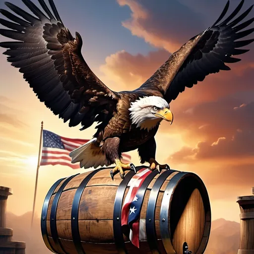 Prompt: Donald Trump riding an Eagle that is holding a bourbon barrel in front of an American Flag 