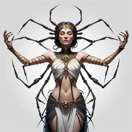 Prompt: Full body Arachne ancient greek illustration, woman with closed eyes, front projection, both arms and hands visible, white background, concept art, high detail, fantasy style, ancient greek, mystical, intricate design, ethereal lighting