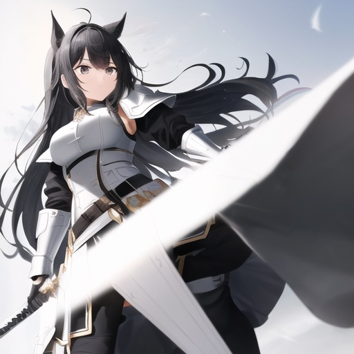 Prompt: whole picture,full body detailed, black hair,girl,black armor(black-white),black eye,holding a white sword,white horse ear and white horse tail,,war-zone, with the  armor war horse