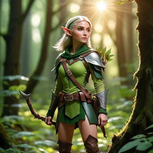 Prompt: Elf ranger in a mystical forest around sunlight