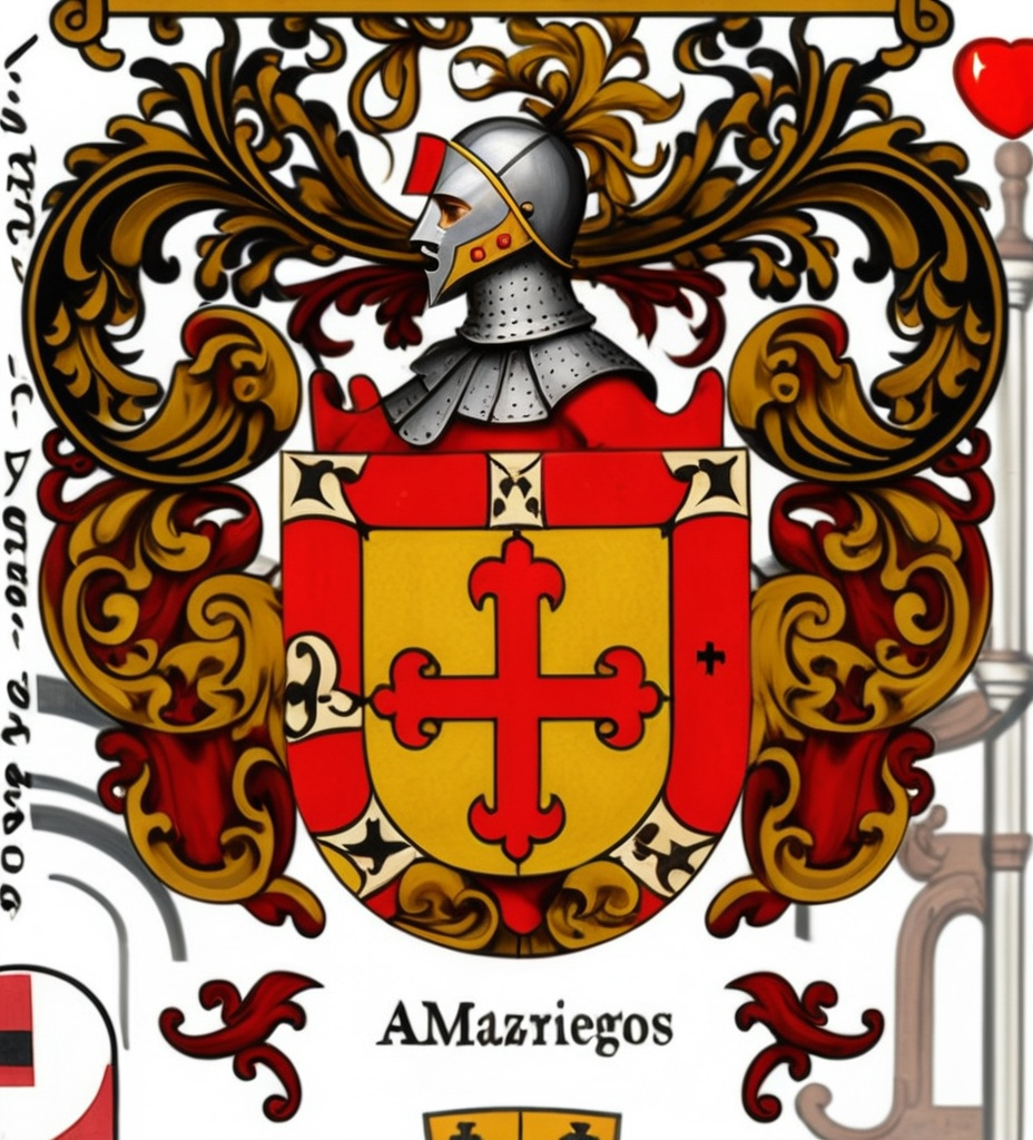 Prompt: a coat of arms with a knight on it and a red and gold shield with a red cross on it, Almada Negreiros, mannerism, medieval, a family crest for the MAZARIEGOS family.