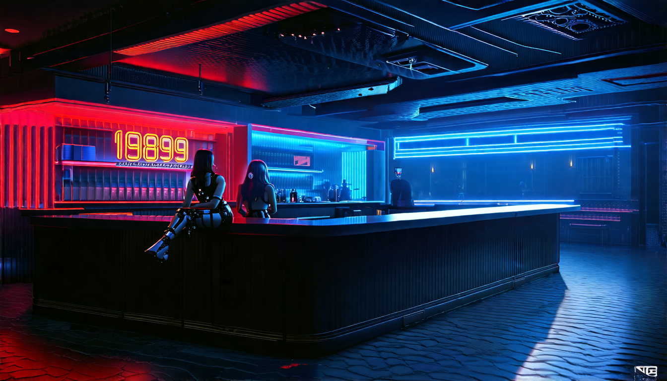 Prompt: A wide shot of a hyperrealistic night club venue in the year 2089, monochrome except for the neon lights, luscious android/cyborg woman sitting alone at the bar with her legs crossed watching something off frame, dystopian Blade Runner-inspired aesthetic , monotone grey with red and blue neon accents, cinematic