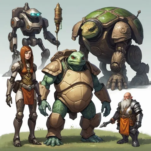 Prompt: A human turtle Monk , a mecha gnome, a giant robot and a human druid