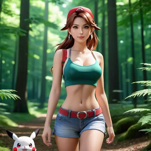 Prompt: a hyper realistic beautiful girl pokemon trainer with no shirt walking in the forest b00bs
