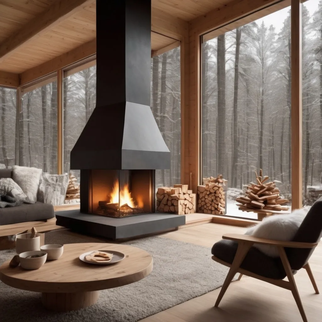 Prompt: Simples cabin in th woods with fireplace directly in the oposite wall ,some simple christmas decorativos and a table in the coseste foreground aligned with the point of view ,the point of view should be directly facing the fireplace wall