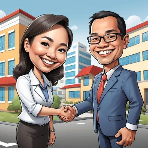 Prompt: A proud Filipino business owner caricature 
shaking hands with a smiling tax officer, with a community backdrop showing schools, roads, and hospitals.