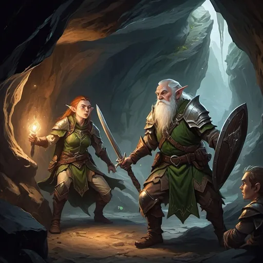Prompt: In a (((dimly lit cave))), a (((female elf rogue))), an (((old male dwarf paladin with a sword and shield))), and a (((young male halfling druid with a staff))), engaged in a (vigorous combat) against a band of (ferocious goblins), with (shafts of moonlight filtering through the cave walls)