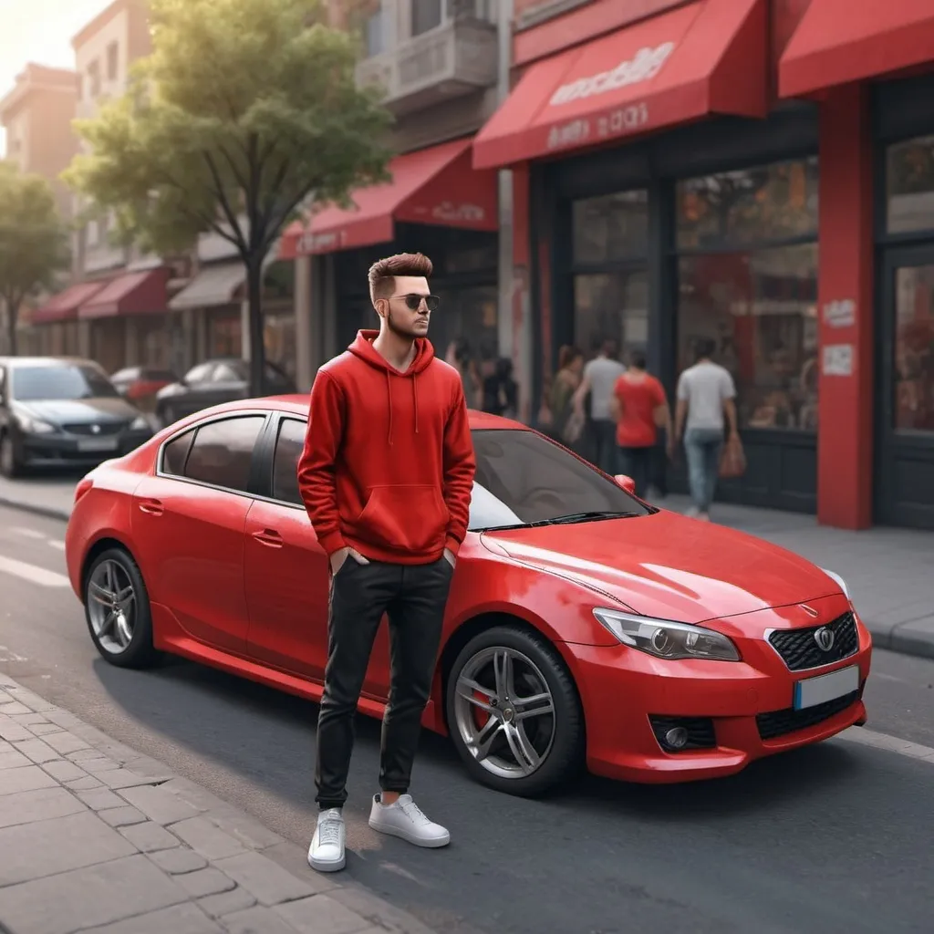 Prompt: A guy with a car red color, on the street 100% realistic 
 
