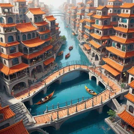 Prompt: water-based city, multi-leveled, bridges, canals, zigzag streets, parties lively, happy scandalous