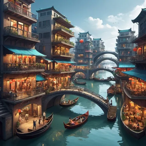 Prompt: water-based city, multi-leveled, bridges, canals, zigzag streets, parties lively, happy scandalous