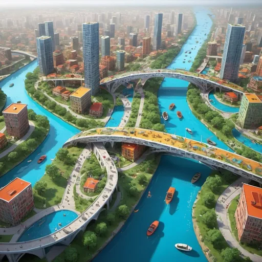 Prompt: water-based nature city, multi-leveled, bridges, canals, zigzag streets, parties lively,  colors