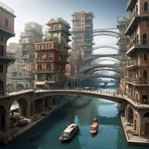 Prompt: water based city, multi leveled, bridges, canals, lively, scandalous