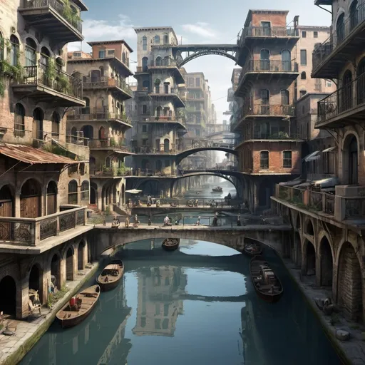 Prompt: water based city, multi leveled, bridges, canals, lively, scandalous