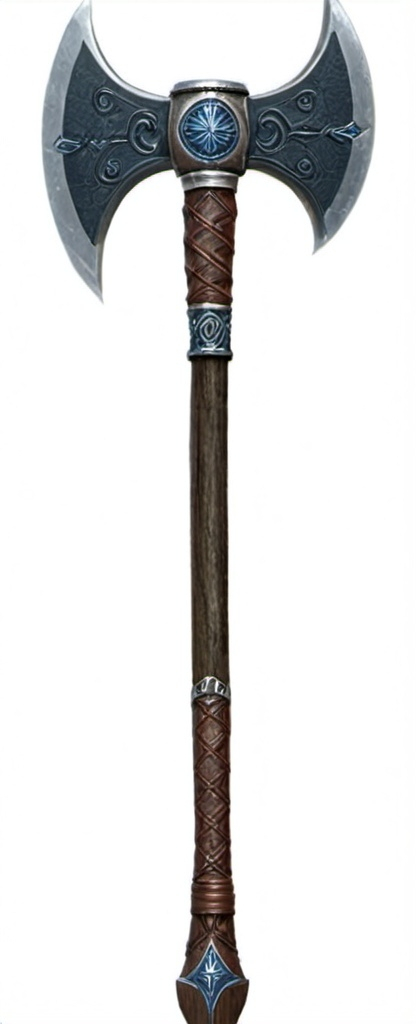 Prompt: A detailed and ornate double-headed battleaxe, with blades shaped like fierce lion heads on each side. The metal of the axe is silver, and the edges of both blades are a striking blue, indicating a magical or enchanted quality. The lion heads are intricately carved, with flowing manes that curve towards the center, giving the weapon a majestic and ferocious appearance.

The axe's handle is wrapped in brown leather, with visible runes etched into the surface, suggesting an ancient or mystical origin. The handle is reinforced with metal studs that are spaced evenly along its length, providing both strength and grip. The base of the handle has a sturdy metal ring, completing the design with a functional and balanced finish.

The overall look of the battleaxe is both powerful and regal, designed for a warrior of great skill and status. The combination of the silver metal, blue edges, and detailed carvings gives the weapon a legendary and awe-inspiring appearance.