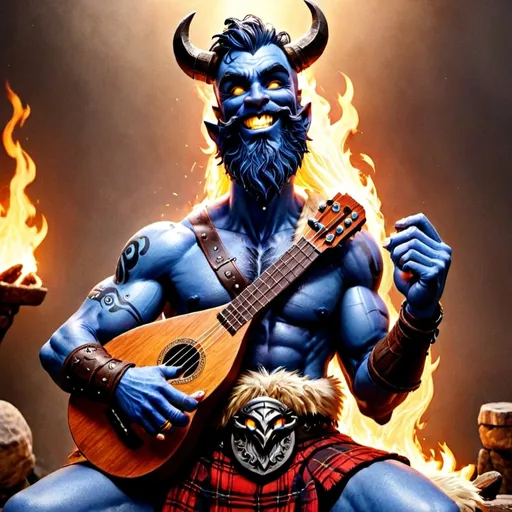 Prompt: Create an image of the same muscular, blue-skinned character with glowing yellow eyes, large curved horns, and intricate dark tattoos covering his body. He should have a long braided beard and wear a fur-lined belt with a kilt. Instead of holding a large battle axe, the character should be sitting by a campfire, playing a ukulele. The campfire should be warmly glowing, with flames and some smoke rising. The character’s expression should be joyful, as if he is enjoying the music. Ensure the setting feels cozy, perhaps with some trees or a forest background visible in the distance.