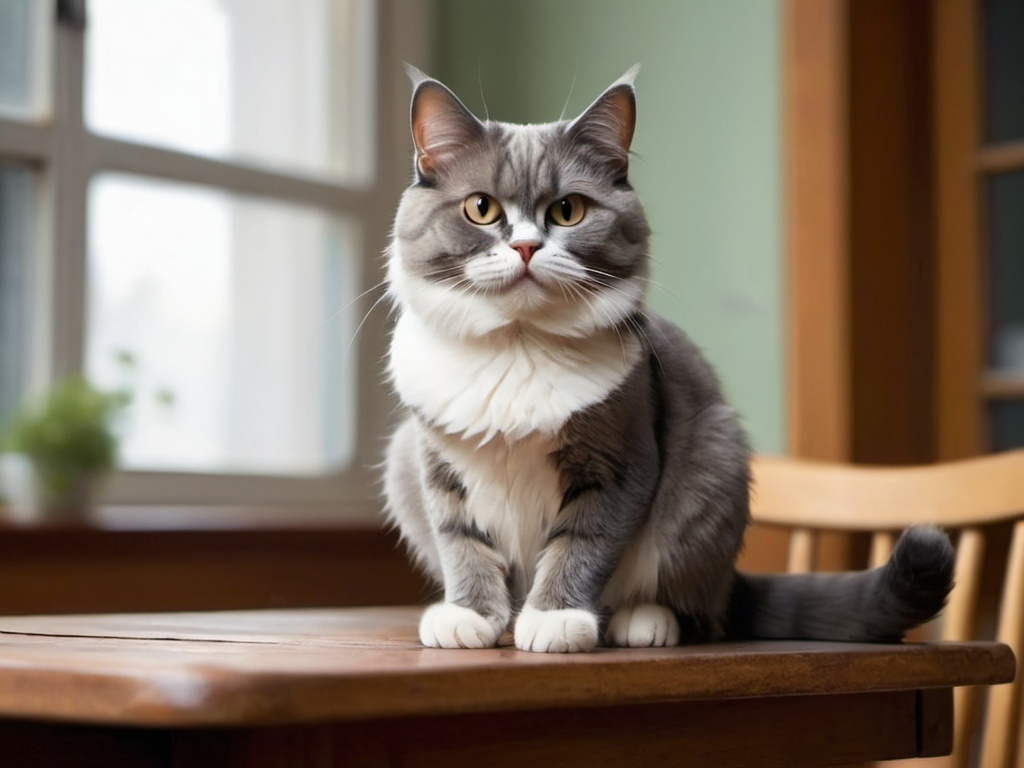 Prompt: a cat is sitting on table