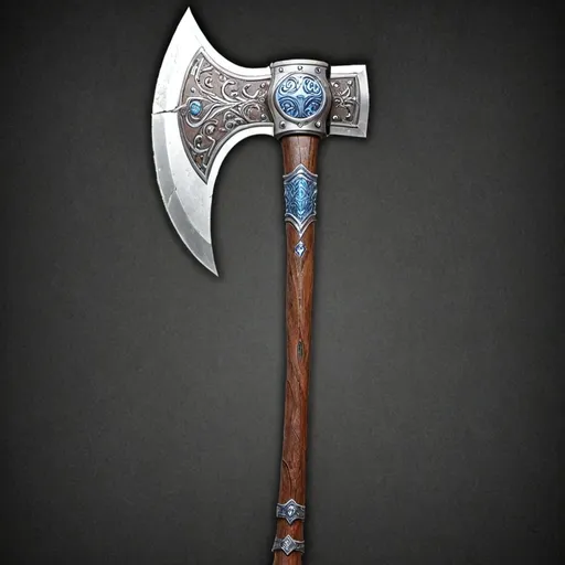 Prompt: A detailed and ornate double-headed battleaxe, with blades shaped like fierce lion heads on each side. The metal of the axe is silver, and the edges of both blades are a striking blue, indicating a magical or enchanted quality. The lion heads are intricately carved, with flowing manes that curve towards the center, giving the weapon a majestic and ferocious appearance.

The axe's handle is wrapped in brown leather, with visible runes etched into the surface, suggesting an ancient or mystical origin. The handle is reinforced with metal studs that are spaced evenly along its length, providing both strength and grip. The base of the handle has a sturdy metal ring, completing the design with a functional and balanced finish.

The overall look of the battleaxe is both powerful and regal, designed for a warrior of great skill and status. The combination of the silver metal, blue edges, and detailed carvings gives the weapon a legendary and awe-inspiring appearance.