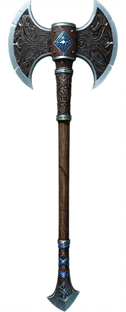 Prompt: A detailed and ornate double-headed battleaxe, with blades shaped like fierce lion heads on each side. The metal of the axe is silver, and the edges of both blades are a striking blue, indicating a magical or enchanted quality. The lion heads are intricately carved, with flowing manes that curve towards the center, giving the weapon a majestic and ferocious appearance.

The axe's handle is wrapped in brown leather, with visible runes etched into the surface, suggesting an ancient or mystical origin. The handle is reinforced with metal studs that are spaced evenly along its length, providing both strength and grip. The base of the handle has a sturdy metal ring, completing the design with a functional and balanced finish.

The overall look of the battleaxe is both powerful and regal, designed for a warrior of great skill and status. The combination of the silver metal, blue edges, and detailed carvings gives the weapon a legendary and awe-inspiring appearance.