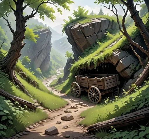 Prompt: The scene is set in a rugged, forested landscape at the edge of a mountain range. A dirt road winds through dense trees, their twisted branches casting long shadows under the cloudy sky. Along the path, a broken wooden wagon lies at the base of a rocky slope, its contents scattered. Nearby, a cave entrance yawns ominously, framed by jagged rocks and overgrown vines, with faint traces of a stream flowing out of it. The air is thick with mist, and the atmosphere is tense, as if danger lurks just beyond sight.