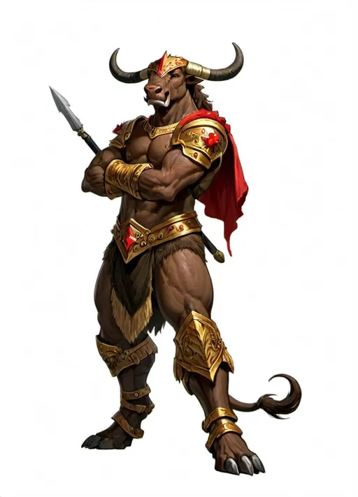 Prompt: A character design for a fantasy minotaur warrior with the following details:

- **Species:** Minotaur, which is a humanoid with the head and features resembling a bull.
- **Build:** Muscular and barrel-chested with strong arms and legs.
- **Head Features:** Bull-like head with prominent horns.
- **Attire:** Wearing a red cape draped over the shoulders and a set of armor.
  - **Armor Details:** Decorative armor featuring a golden emblem on the chest plate, likely symbolizing strength or power.
  - **Leg Armor:** Short armored skirt and greaves.
  - **Arm Guards:** Bracers on the forearms.
- **Feet:** Cloven hooves.
- **Tail:** Long tail with a tuft at the end.
- **Pose:** Standing confidently with arms crossed over the chest.
- **Additional Equipment:** Holding a spear in one hand.

This minotaur exudes strength and authority, with an air of readiness for battle, enhanced by the presence of the spear.