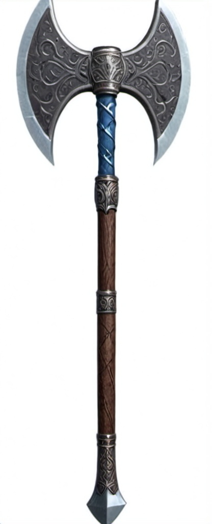 Prompt: A detailed and ornate double-headed battleaxe, with blades shaped like fierce lion heads on each side. The metal of the axe is silver, and the edges of both blades are a striking blue, indicating a magical or enchanted quality. The lion heads are intricately carved, with flowing manes that curve towards the center, giving the weapon a majestic and ferocious appearance.

The axe's handle is wrapped in brown leather, with visible runes etched into the surface, suggesting an ancient or mystical origin. The handle is reinforced with metal studs that are spaced evenly along its length, providing both strength and grip. The base of the handle has a sturdy metal ring, completing the design with a functional and balanced finish.

The overall look of the battleaxe is both powerful and regal, designed for a warrior of great skill and status. The combination of the silver metal, blue edges, and detailed carvings gives the weapon a legendary and awe-inspiring appearance.