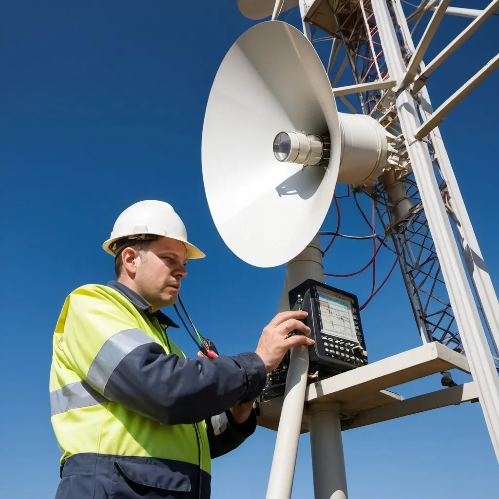 Prompt: RF radio technician working with time domain retroreflector at radio tower
