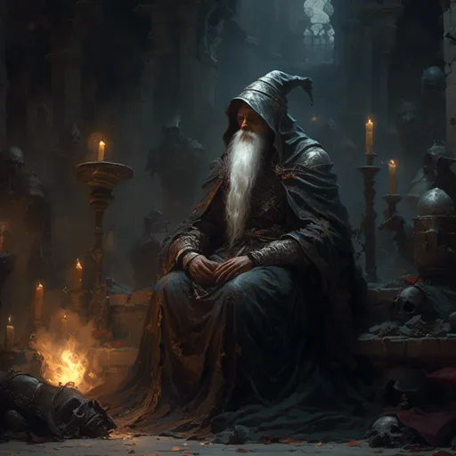 Prompt: <mymodel>lonely old mage with a long beard, wearing magic robes and a wizard hat
