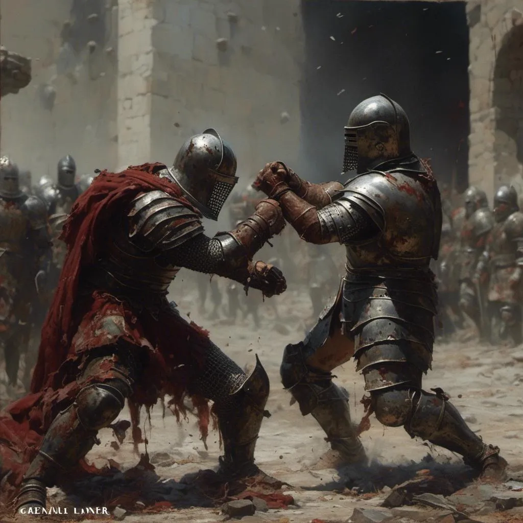 Prompt: <mymodel>2 gladiators during a fist fight, one of them is very poorly armored and another one is fully armored