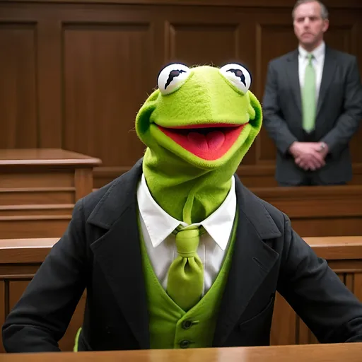 Prompt: kermit the frog in a court getting accused of a crime he didn't commit, yelling for help, almost crying
