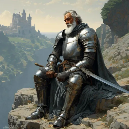 Prompt: <mymodel> an old wise man with a grey beard, dressed in a shining knight armor without the helmet, holding his sword, sitting on a cliff in france