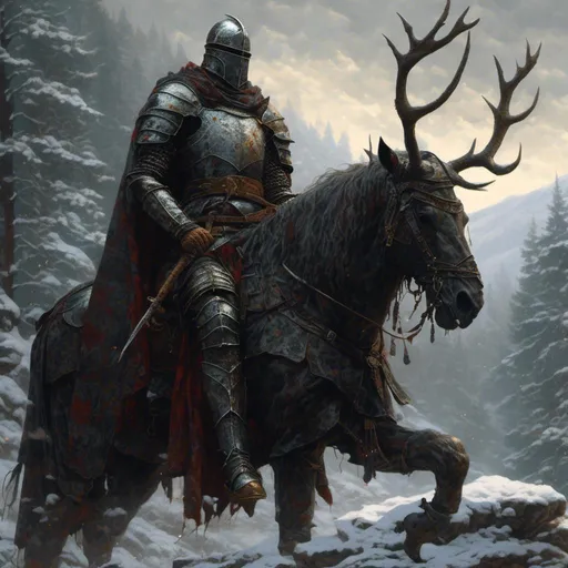 Prompt: <mymodel>A brave noble with poor armor on a hunt for a majestic stag