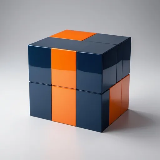 Prompt: I want to make two cubes assambled together, one with dark blue color and other one with orange color, representing collaboration for sustainability, with sustainability logo on top of it, 