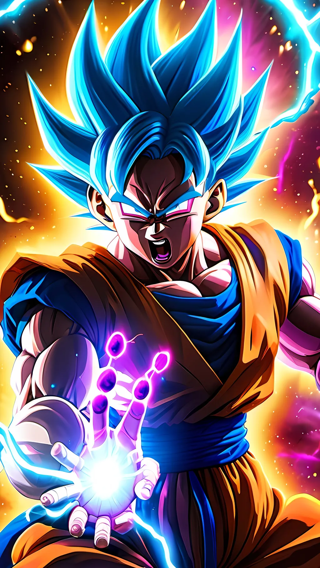 Prompt: "Epic anime-style fight scene of Goku and Beerus in a high-stakes battle. Goku, in Super Saiyan Blue form, emits a glowing blue aura with sparks of white lightning, his face intense with focus. Beerus, the God of Destruction, radiates a deep purple and gold aura, his expression calm yet fierce. The clash of their auras creates an explosive burst of energy in the center, blending bright blues, purples, and golden hues with fiery energy waves spreading outward. Dark space or a starry sky serves as the dramatic background, with small floating debris and shattered rocks around them. The scene is illuminated by powerful lighting, with intense contrasts and glowing energy effects, capturing the tension and power of their cosmic battle."