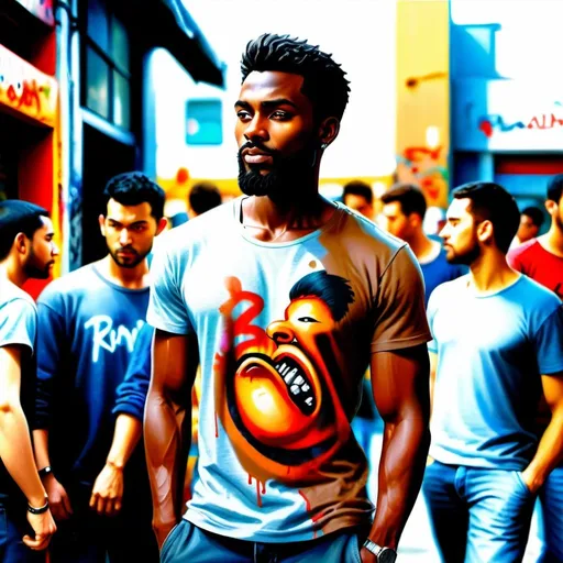 Prompt: Realistic depiction of a handsome dark-skinned male with a slim body and a beard, wearing a grey t-shirt, standing in front of a bustling shop, graffiti with 'BINTANGOR' and 'APOLAND' on the shop's facade, lively urban setting, crowded marketplace, high quality, realistic, detailed facial features, slim physique, bustling city scene, graffiti art, urban lifestyle, realistic lighting, crowd of people, urban environment, detailed clothing, professional